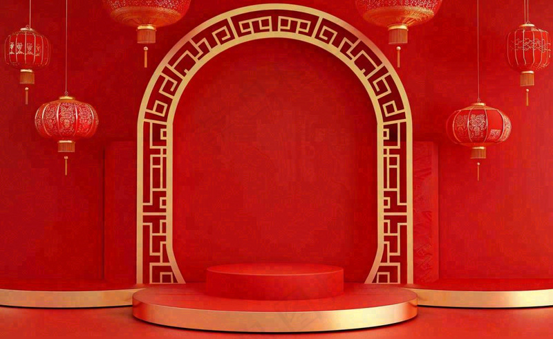 红金创意拱门喜庆新年扇子灯笼C4D展台背景春节背景