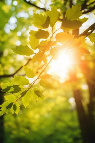 春天阳光透过树叶绿意摄影图