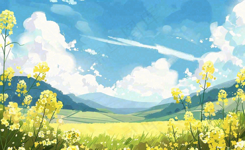 春天油菜花田蓝天白云惊蛰春分卡通插画背景