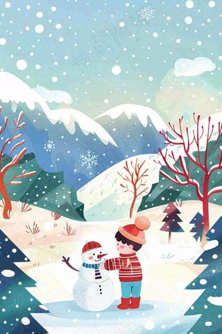 冬天大雪纷飞堆雪人寒冷立冬小雪冬至卡通插画背景