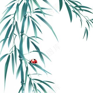 竹叶上的昆虫翠绿水墨中国风插画免抠