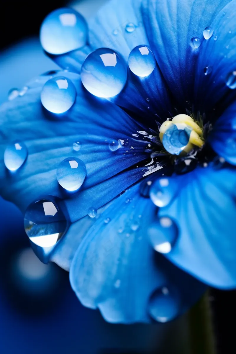 蓝色的花朵上布满了露珠水滴摄影图(2688x4032)