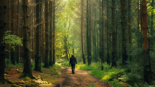 森林漫步阳光透过树枝丁达尔效应摄影图