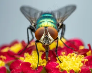 金属绿蝇觅食花蜜