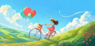 春夏踏青女孩骑自行车草原蓝天白云气球自由春分惊蛰卡通插画背景