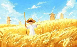 金秋秋天丰收麦田风车男孩人物小麦稻穗立秋秋分处暑芒种卡通插画背景
