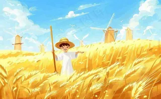 金秋秋天丰收麦田风车男孩人物小麦稻穗立秋秋分处暑芒种卡通插画背景