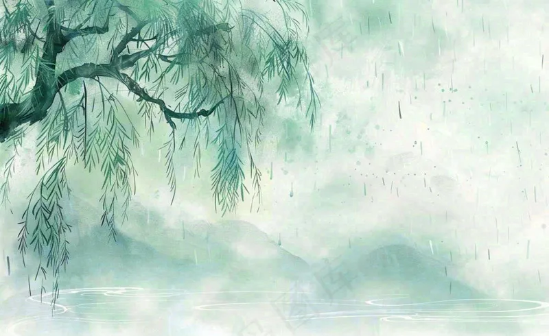 春天梅雨季柳树燕子清冷雨水谷雨惊蛰清明节水墨水彩插画背景(1408x864)
