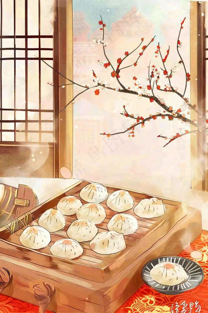 古风插画美食饺子包子梅花古风窗户冬至插画背景(896x1344)