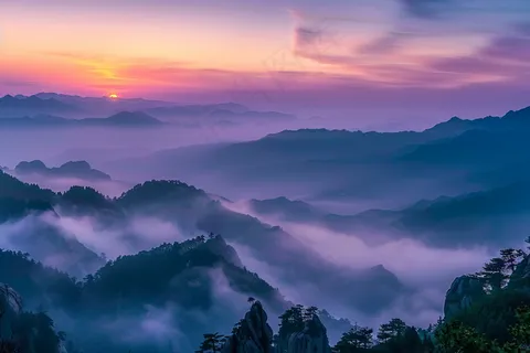 清晨日出朝霞云层山川摄影图