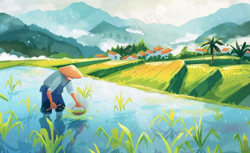 水彩手绘谷雨农夫插秧小满芒种蓝色清新背景插画(1408x864)