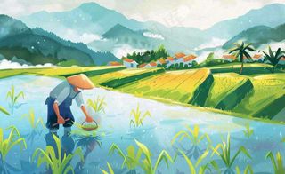 水彩手绘谷雨农夫插秧小满芒种蓝色清新背景插画
