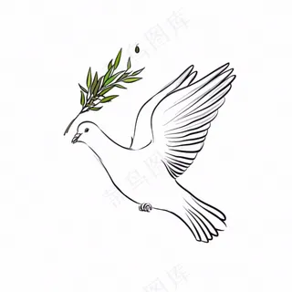 飞鸽叼树枝和平鸽线条卡通插画免抠