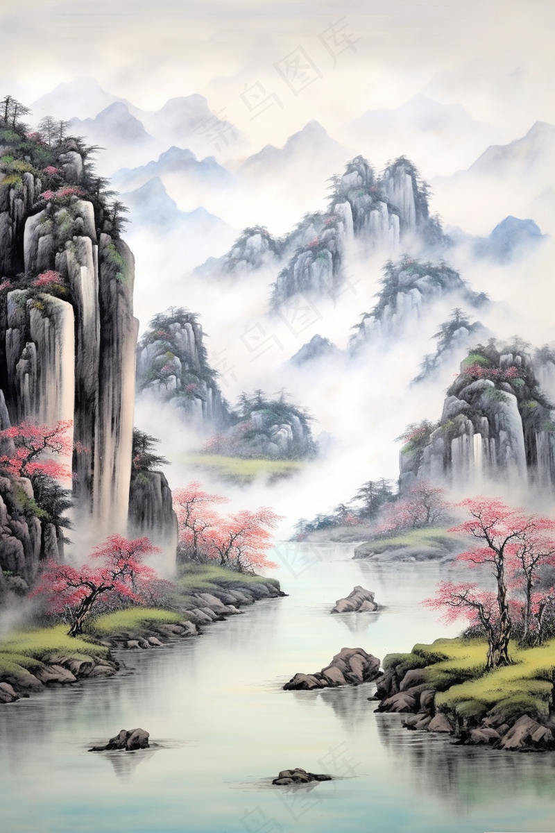 国风山水画河流花草国画水墨画素材背景(2688x4032)