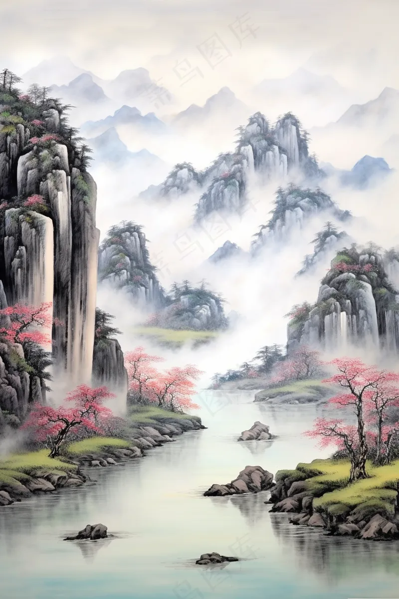 国风山水画河流花草国画水墨画素材背景(2688x4032)