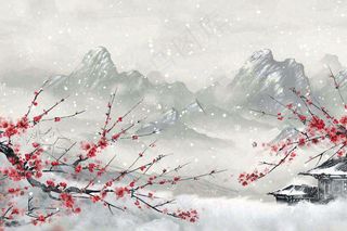 冬天山林里的小村庄红梅花白雪覆盖国风水墨画立冬冬至小雪大雪插画
