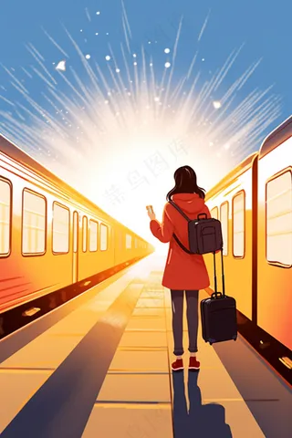 中国传统节日春节除夕春运赶火车回家团聚的人物插画海报背景