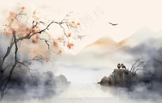 山水水墨画云层山峰中国风插画背景