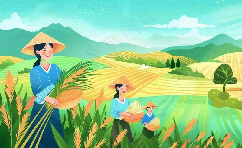 世界粮食日芒种秋收稻田麦子农民天空小满创意手绘卡通插画背景(1408x864)