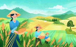 世界粮食日芒种秋收稻田麦子农民天空小满创意手绘卡通插画背景