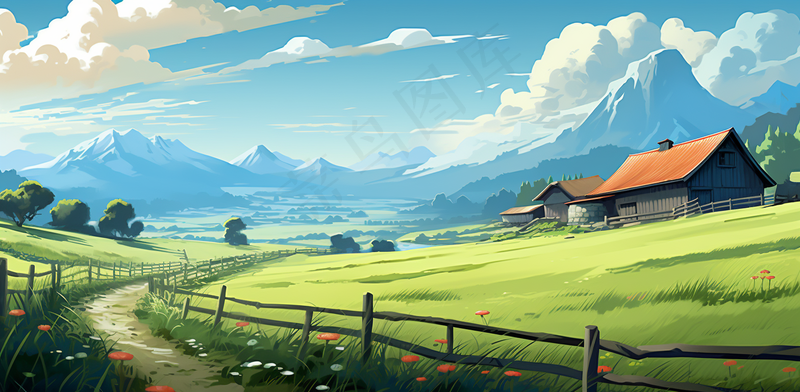 卡通农场畜牧农庄广袤无垠蓝天白云插画背景(4704x2304)