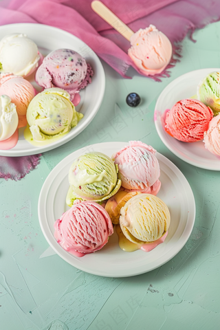 缤纷口味冰淇淋球下午茶甜点摄影图