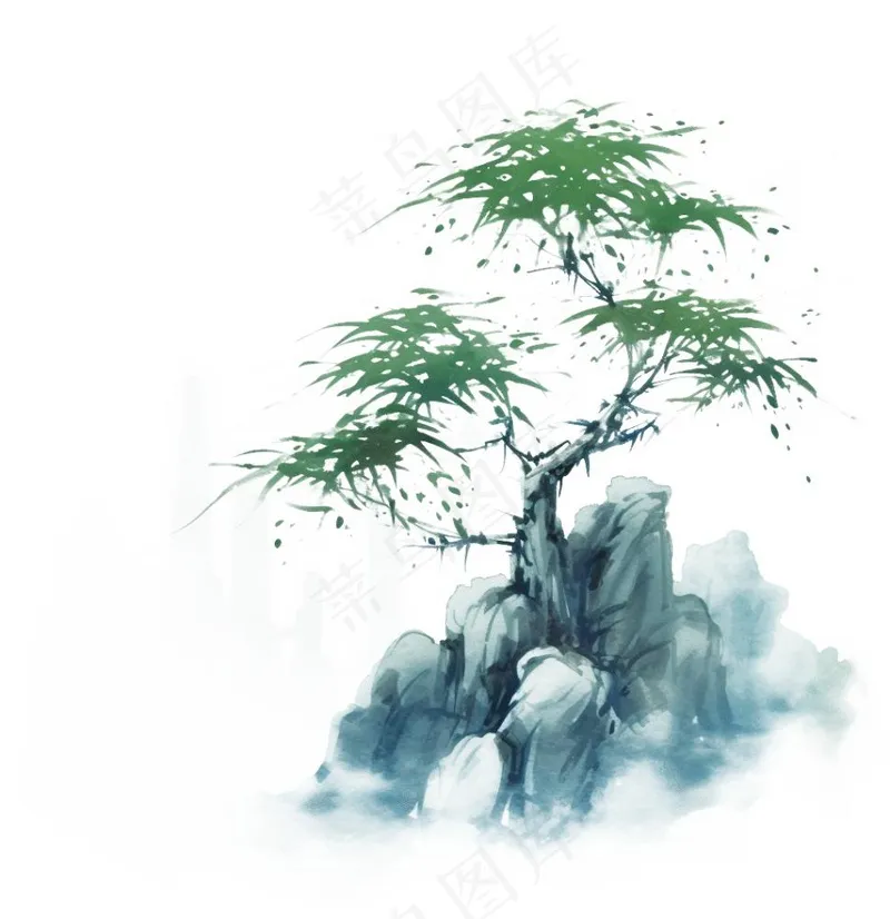水墨松树枫树山石植物手绘中国风古风国画水彩插画免抠(1024x1056)
