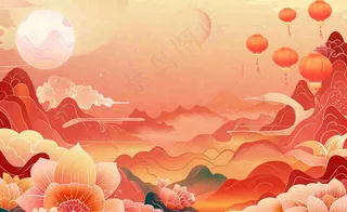 国潮风中秋重阳国庆祖国山河插画喜庆庆祝山水画背景