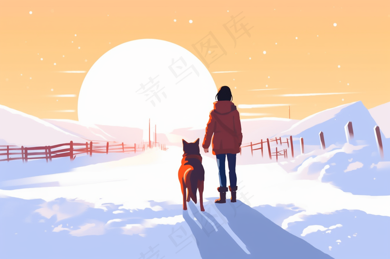 冬季雪地里女孩牵着小狗看着夕阳落山晚霞卡通插画背景(4032x2688)