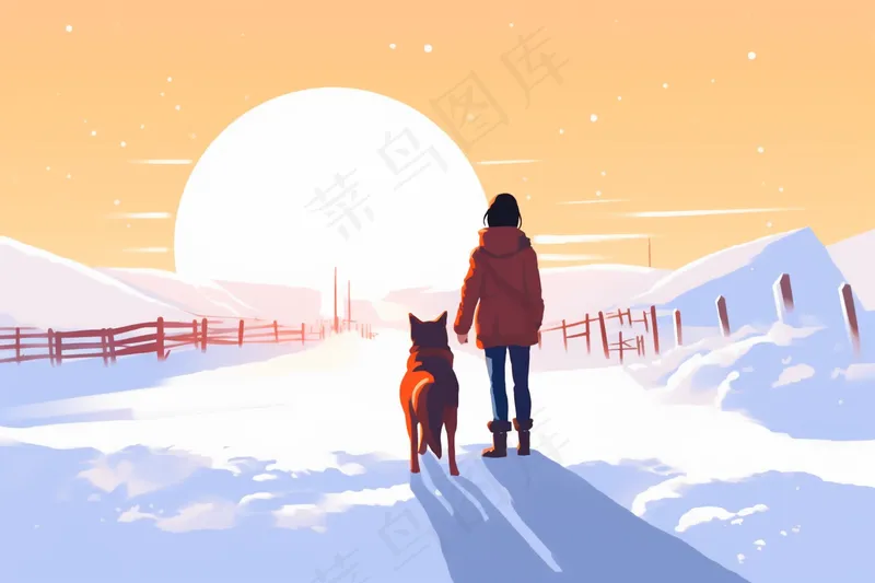 冬季雪地里女孩牵着小狗看着夕阳落山晚霞卡通插画背景(4032x2688)