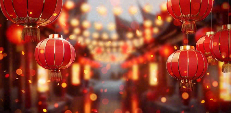红色年味灯笼烟花新年过年喜庆春节年味摄影图(1568x768)