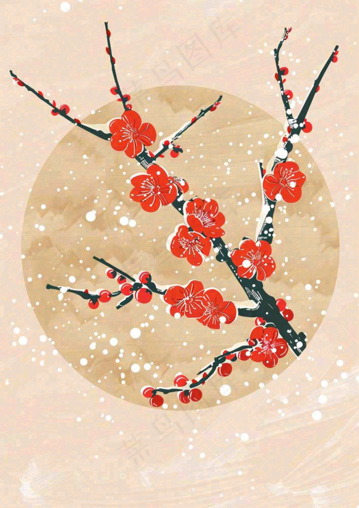 冬天梅花红圆形背景纸张纹理古风国风节日小年插画背景(928x1312)