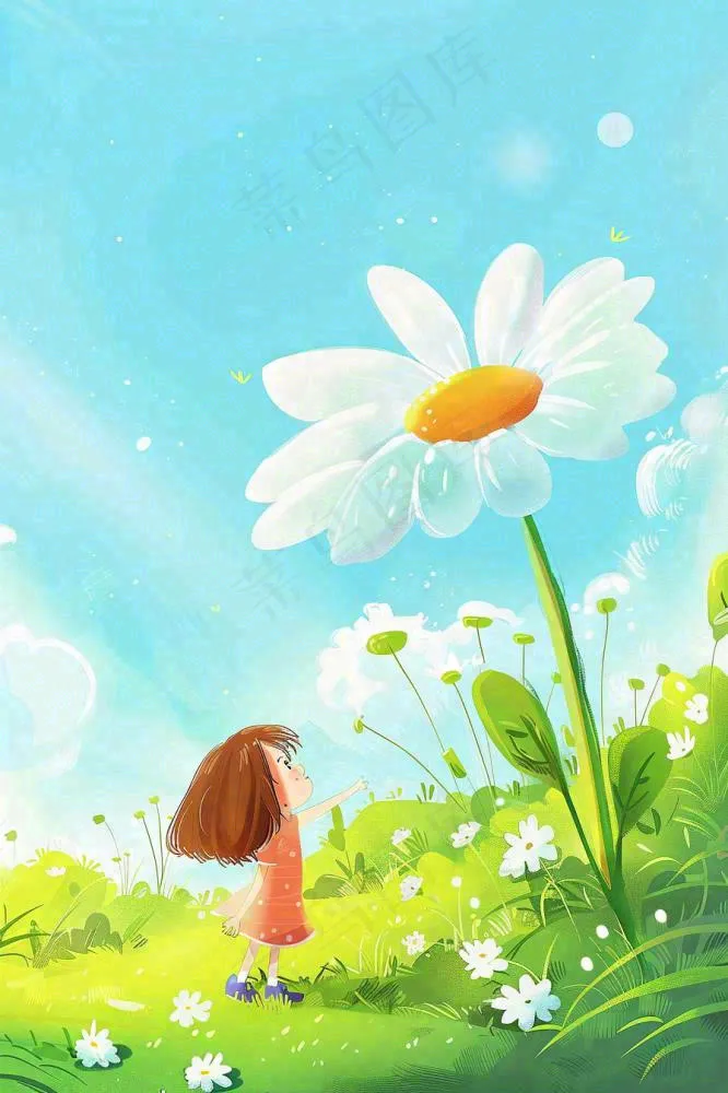 夏天插画手绘夏日风景立夏夏至节气炎热雏菊花朵卡通少女卡通(896x1344)