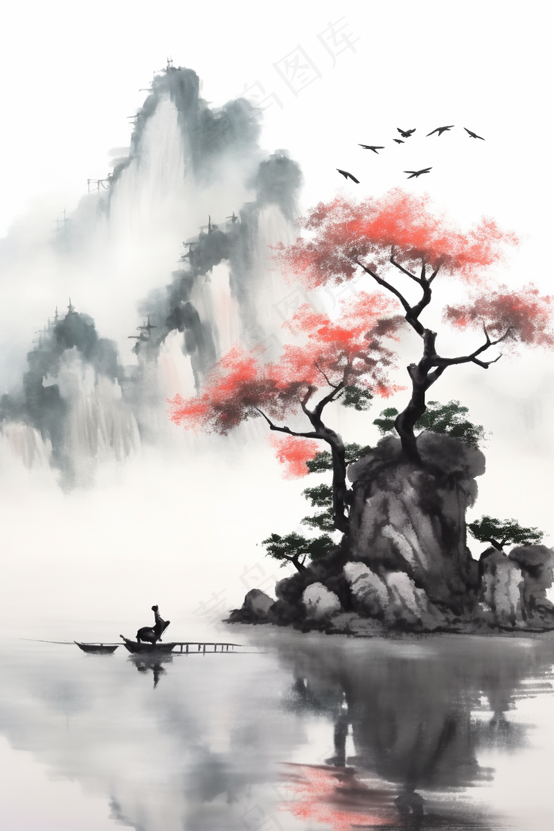 国风山水画河流花草国画水墨画素材背景(2688x4032)