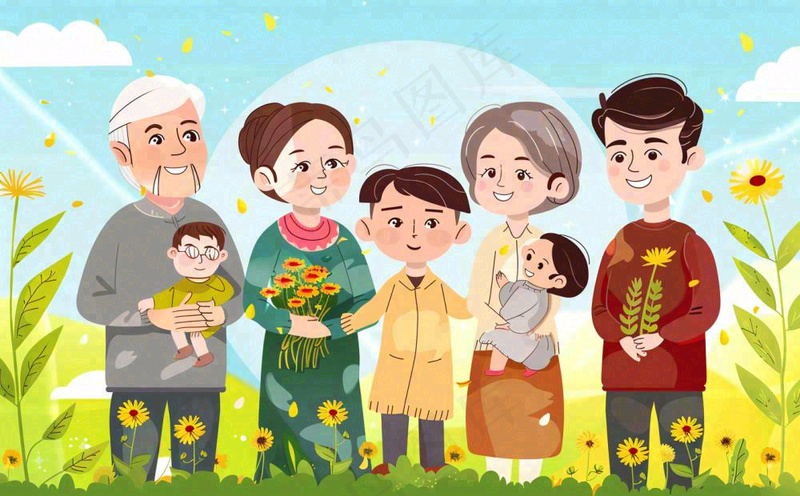 全家福插画卡通手绘家庭父母关爱老人郊游户外重阳背景(1392x864)