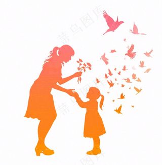 母亲节送花女儿给妈妈剪影亲情人物插画免抠