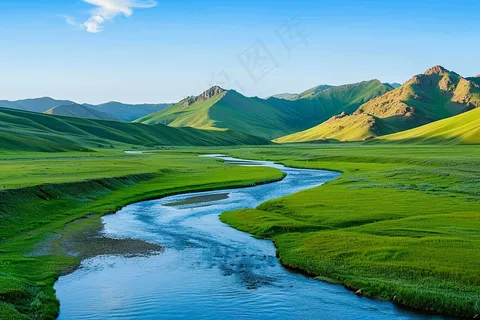 高山草原山涧河流湿地摄影图