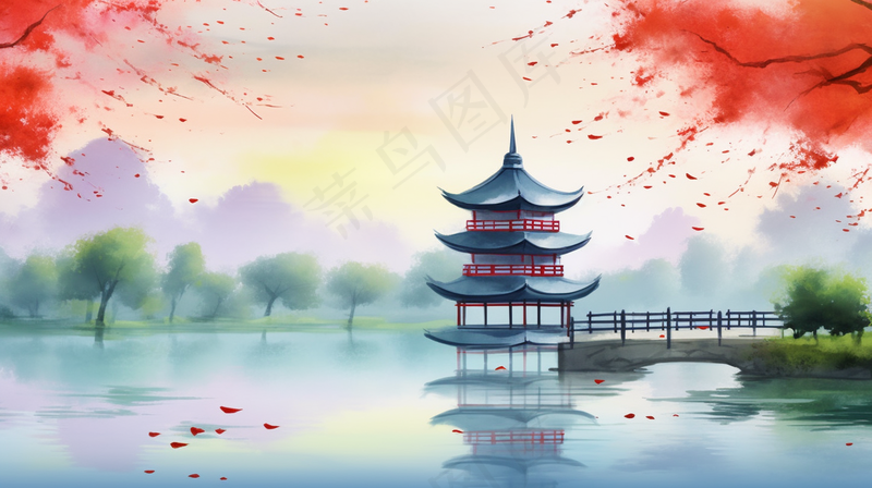 春天江南水乡山水阁楼凉亭红花树水墨画插画背景(4368x2448)