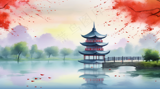 春天江南水乡山水阁楼凉亭红花树水墨画插画背景