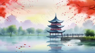 春天江南水乡山水阁楼凉亭红花树水墨画插画背景