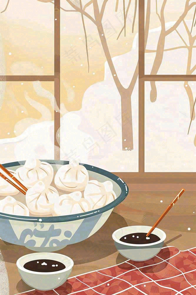冬至吃饺子中国传统美食节日插画背景(896x1344)