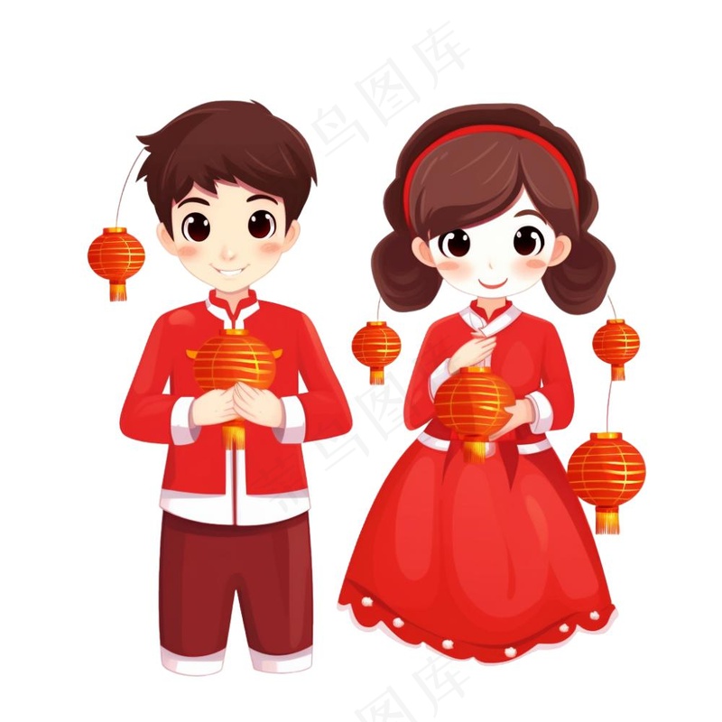 新年儿童拜年张灯结彩国潮春节红色手绘卡通插画免抠(1024x1024)