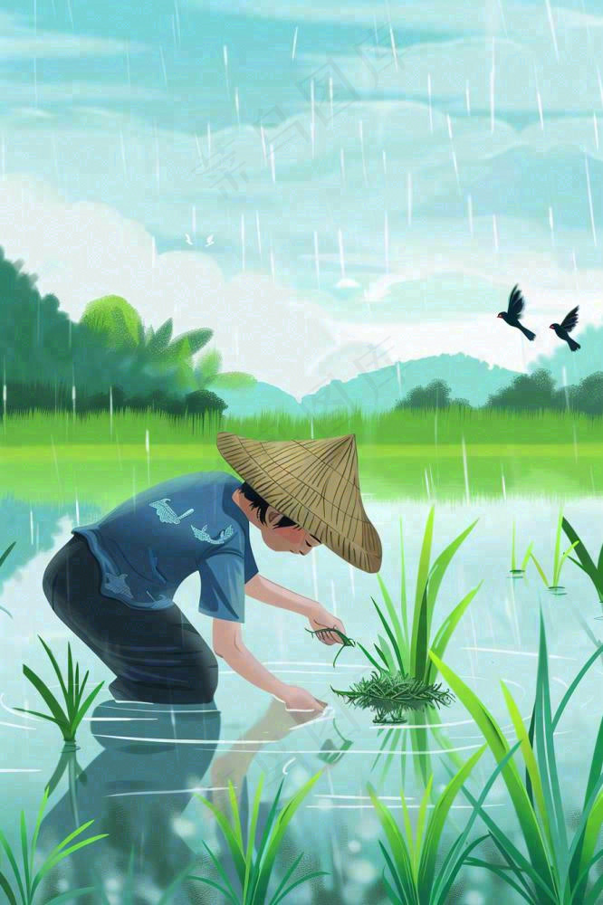 春耕农民种植水稻水田春雨燕子小满芒种春分卡通插画背景(896x1344)