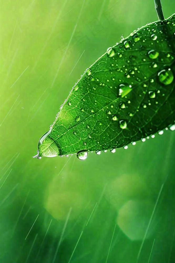 春天绿色叶子是的雨滴露珠雨水谷雨春分摄影图(896x1344)