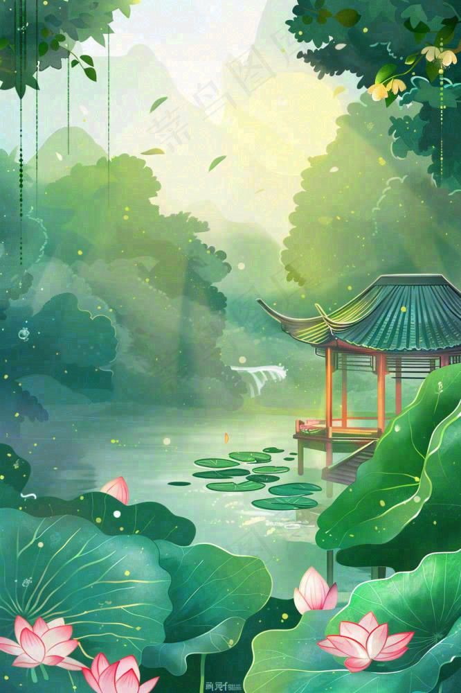 夏日江南苏式园林荷花池塘凉亭树荫阳光立夏夏至处暑插画背景(896x1344)