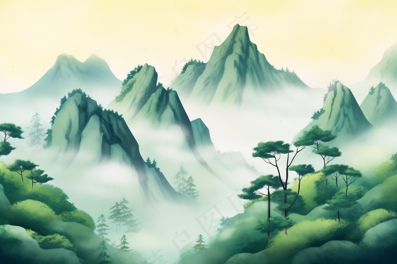 国风山川河流山水画青山绿水插画背景(4032x2688)