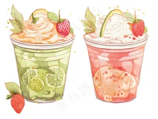 奶茶水果茶下午茶草莓石榴抹茶柠檬冰淇淋卡通插画免抠