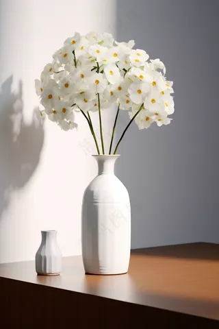 花瓶插花白色的花朵花束摄影图