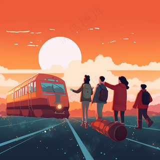 中国传统节日春节除夕春运赶火车回家团聚的人物插画海报背景