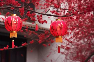 春节梅花树上挂红灯笼红色摄影图